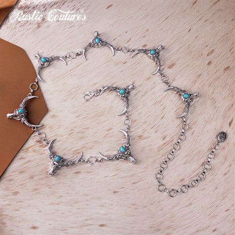 RCB-03-117  Rustic Couture Etched Thunderbird Turquoise Stone Centered Concho Link Chain Belt