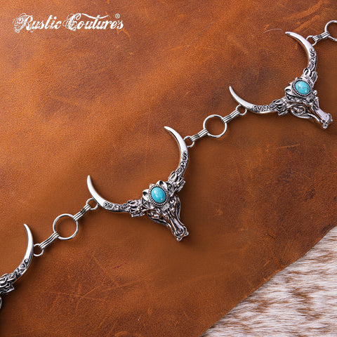 RCB-03-117  Rustic Couture Etched Thunderbird Turquoise Stone Centered Concho Link Chain Belt