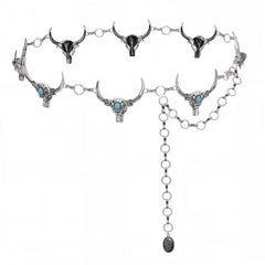 RCB-03-117  Rustic Couture Etched Thunderbird Turquoise Stone Centered Concho Link Chain Belt