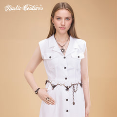 RCB-03-117  Rustic Couture Etched Thunderbird Turquoise Stone Centered Concho Link Chain Belt