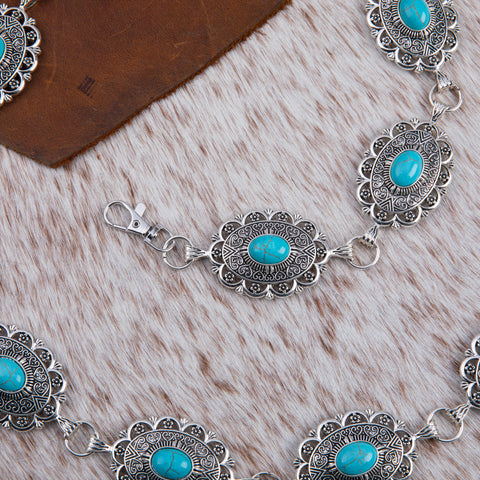 RCB-1026  Rustic Couture  Oval Flower Stone Concho and daisy conchos  Link Chain Belt