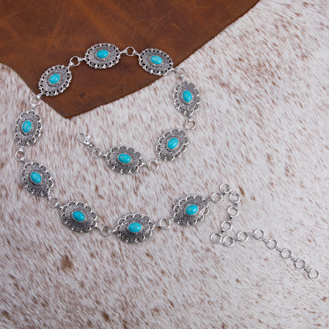 RCB-1026  Rustic Couture  Oval Flower Stone Concho and daisy conchos  Link Chain Belt