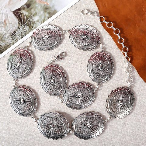 RCB-1032  Rustic Couture Etched Oval Concho Link Chain Belt