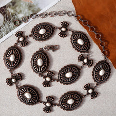 RCB-1034  Rustic Couture Etched Silver Oval Stone Centered Concho Link Chain Belt