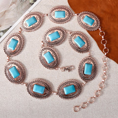 RCB-1036  Rustic Couture Etched Silver/Bronzw  Oval Stone Centered Concho Link Chain Belt