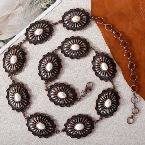 RCB-1037  Rustic Couture Etched  Oval Stone Centered Concho Link Chain Belt