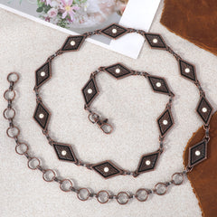 RCB-1044  Rustic Couture Silver/Bronze Diamond Shape Etched Concho Link Chain Belt with White Inlays