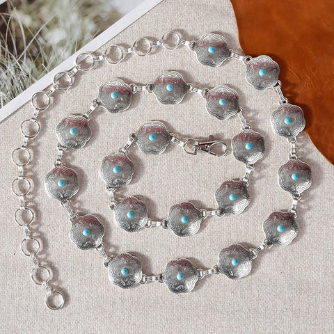 RCB-1045  Rustic Couture Etched Turquoise Stone Centered Concho Link Chain Belt