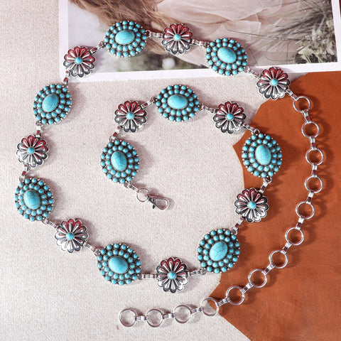 RCB-1047  Rustic Couture  Oval Flower Stone Concho and daisy conchos  Link Chain Belt