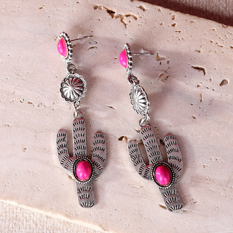 RCE-1044  Rustic Couture's Silver Cactus Pink Stone Silver Base Dangling Earring
