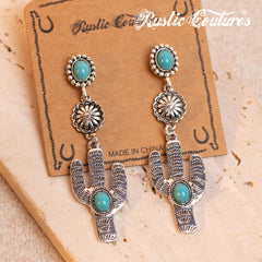 RCE-1044  Rustic Couture's  Western Cactus Turquoise Stone Dangling Earring