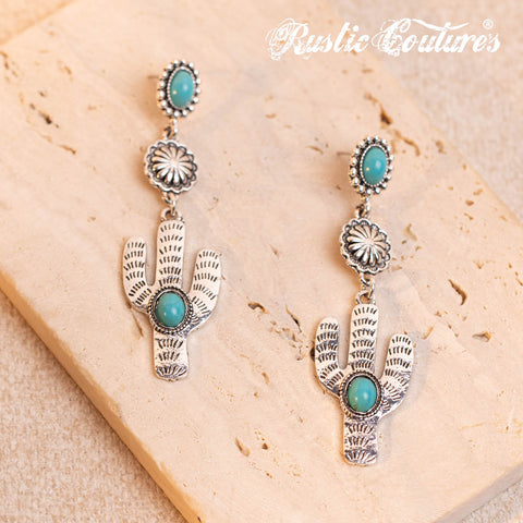 RCE-1044  Rustic Couture's  Western Cactus Turquoise Stone Dangling Earring
