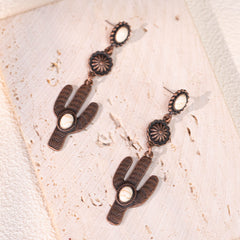 RCE-1044  Rustic Couture's Silver Cactus Pink Stone Silver Base Dangling Earring