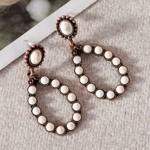 RCE-1048 Rustic Couture's Teardrop Loop Natural Stone Silver Base Dangling Earring