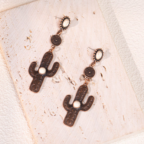 RCE-1055  Rustic Couture's Western Cactus White Stone Dangling Earring