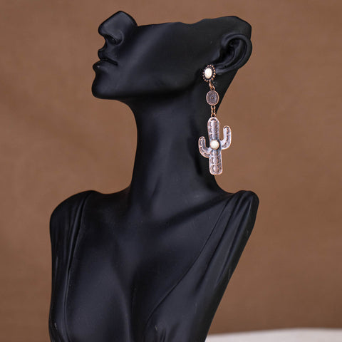 RCE-1055  Rustic Couture's Western Cactus White Stone Dangling Earring