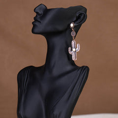 RCE-1055  Rustic Couture's Western Cactus White Stone Dangling Earring