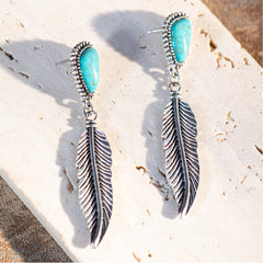 RCE-1095 Rustic Couture's Hot Pink Nature Stone with Feather Silver Dangling Earring