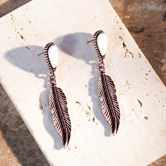 RCE-1095 Rustic Couture's Hot Pink Nature Stone with Feather Silver Dangling Earring
