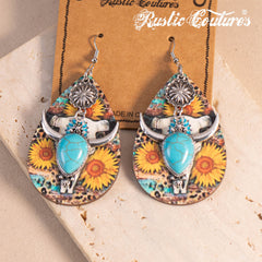 RCE-1125  Rustic Couture's  Long Horn Tear Drop Wood Painted Pattern  Earring