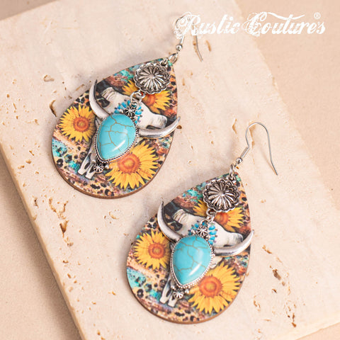 RCE-1125  Rustic Couture's  Long Horn Tear Drop Wood Painted Pattern  Earring