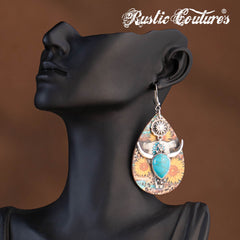 RCE-1125  Rustic Couture's  Long Horn Tear Drop Wood Painted Pattern  Earring