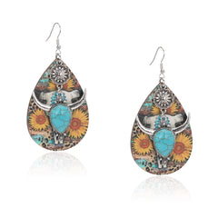RCE-1125  Rustic Couture's  Long Horn Tear Drop Wood Painted Pattern  Earring