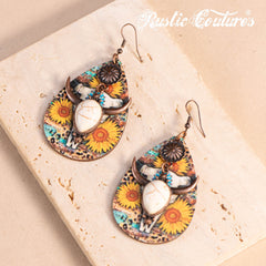 RCE-1125  Rustic Couture's  Long Horn Tear Drop Wood Painted Pattern  Earring