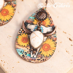 RCE-1125  Rustic Couture's  Long Horn Tear Drop Wood Painted Pattern  Earring