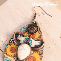 RCE-1125  Rustic Couture's  Long Horn Tear Drop Wood Painted Pattern  Earring