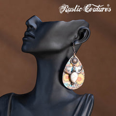 RCE-1125  Rustic Couture's  Long Horn Tear Drop Wood Painted Pattern  Earring