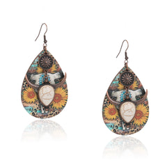 RCE-1125  Rustic Couture's  Long Horn Tear Drop Wood Painted Pattern  Earring
