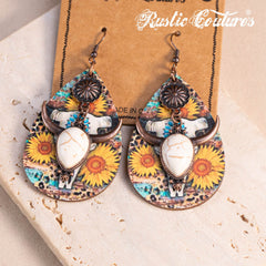 RCE-1125  Rustic Couture's  Long Horn Tear Drop Wood Painted Pattern  Earring