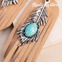RCE-1134   Rustic Couture's  Silver Feather Turquoise Stone Suede Tassels Hook Statement Earrings