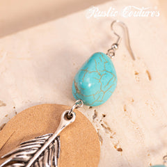 RCE-1134   Rustic Couture's  Silver Feather Turquoise Stone Suede Tassels Hook Statement Earrings