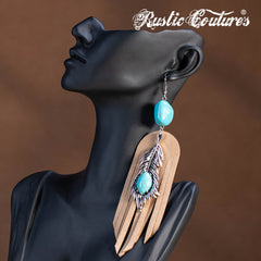 RCE-1134   Rustic Couture's  Silver Feather Turquoise Stone Suede Tassels Hook Statement Earrings