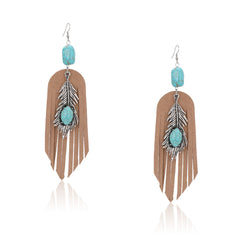 RCE-1134   Rustic Couture's  Silver Feather Turquoise Stone Suede Tassels Hook Statement Earrings