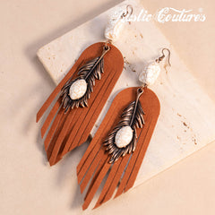 RCE-1134   Rustic Couture's  Silver Feather Turquoise Stone Suede Tassels Hook Statement Earrings