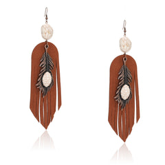 RCE-1134   Rustic Couture's  Silver Feather Turquoise Stone Suede Tassels Hook Statement Earrings