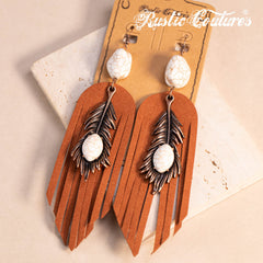 RCE-1134   Rustic Couture's  Silver Feather Turquoise Stone Suede Tassels Hook Statement Earrings