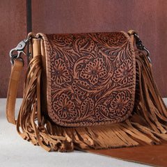 RLC-L159 Montana West Genuine Leather Tooled Collection Fringe Crossbody