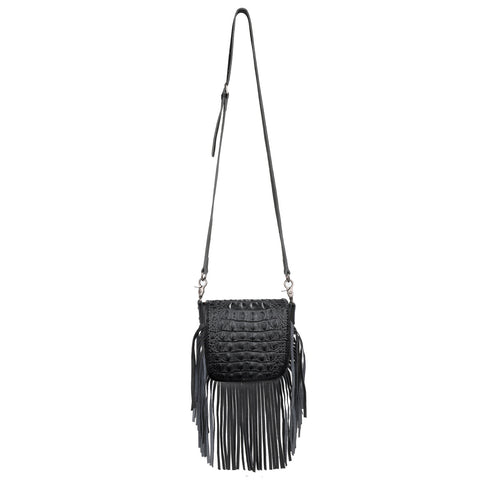 RLC-L160A  Montana West Genuine Leather Hornback Embossed Croc Fringe Crossbody