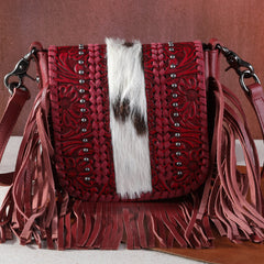 RLC-L168 Montana West Genuine Leather Tooled Collection Fringe Crossbody