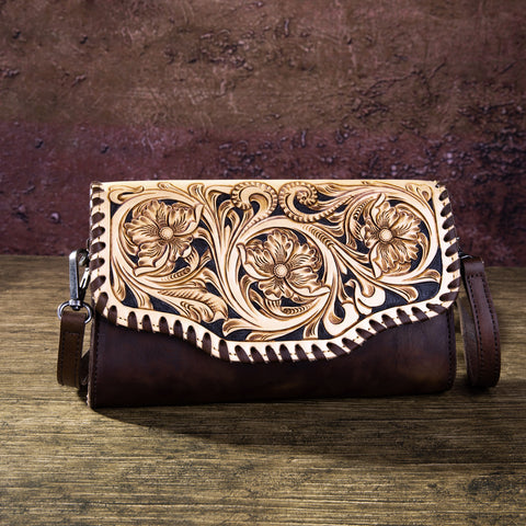 RLC-L171  Montana West 100% Genuine Leather Hand Tooled Clutch/Crossbody