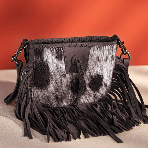 RLC-L180 Montana West Genuine Leather Hair-On Collection Fringe Crossbody - Coffee