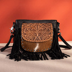 RLC-L181 Montana West Genuine Leather Hair-On Tooled Collection Fringe Crossbody