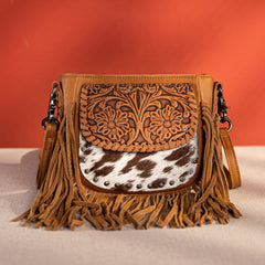 RLC-L181 Montana West Genuine Leather Hair-On Tooled Collection Fringe Crossbody