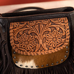 RLC-L181 Montana West Genuine Leather Hair-On Tooled Collection Fringe Crossbody