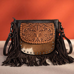 RLC-L181 Montana West Genuine Leather Hair-On Tooled Collection Fringe Crossbody