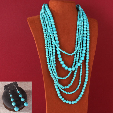 RNS-1010 Rustic Couture's  Turquoise Beaded  Layered Necklace Earrings Set